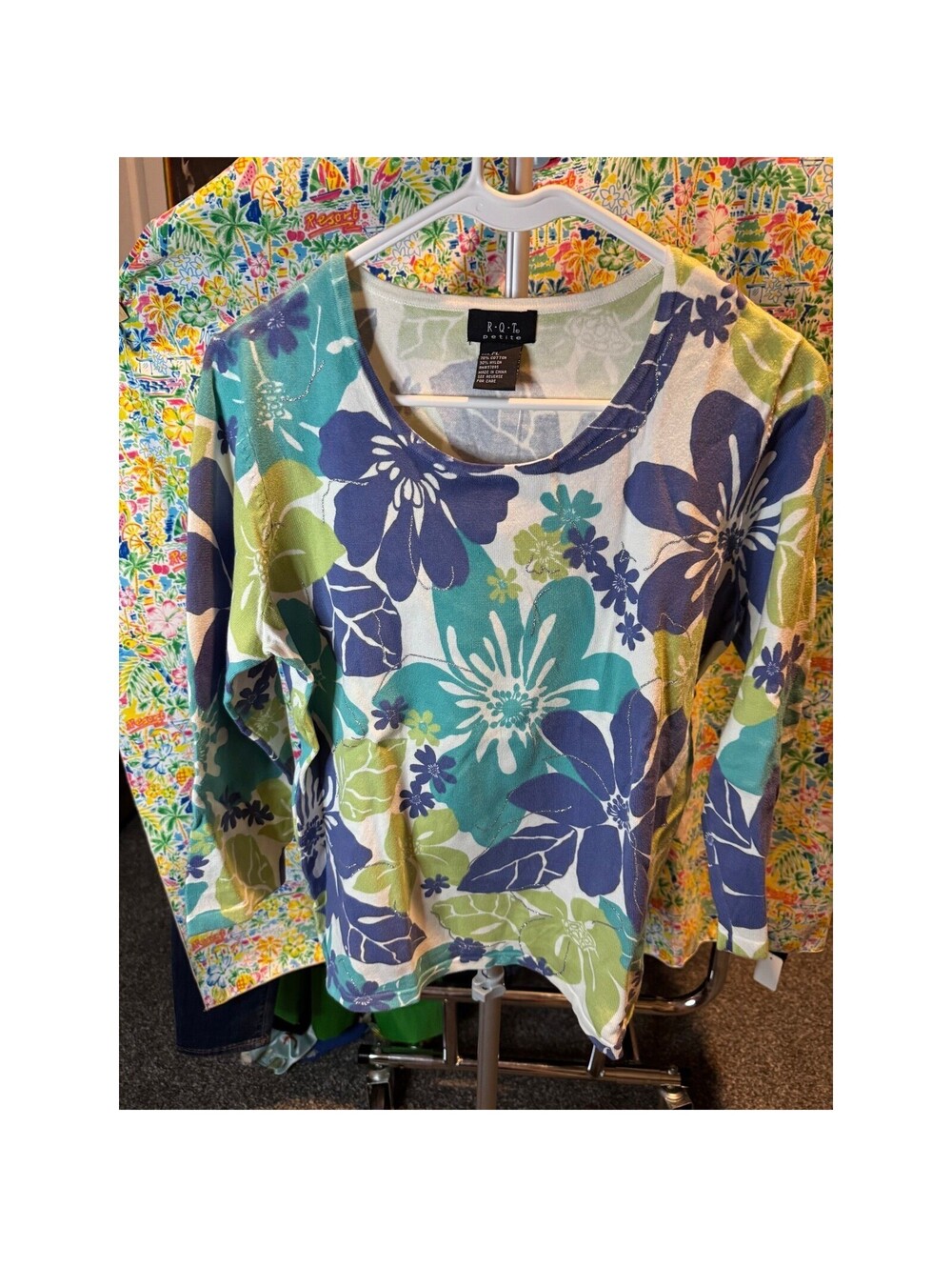 132 RQT Petite Blue Green Floral Metallic Knit Sweater Top Scoop Neck PL P5092BL